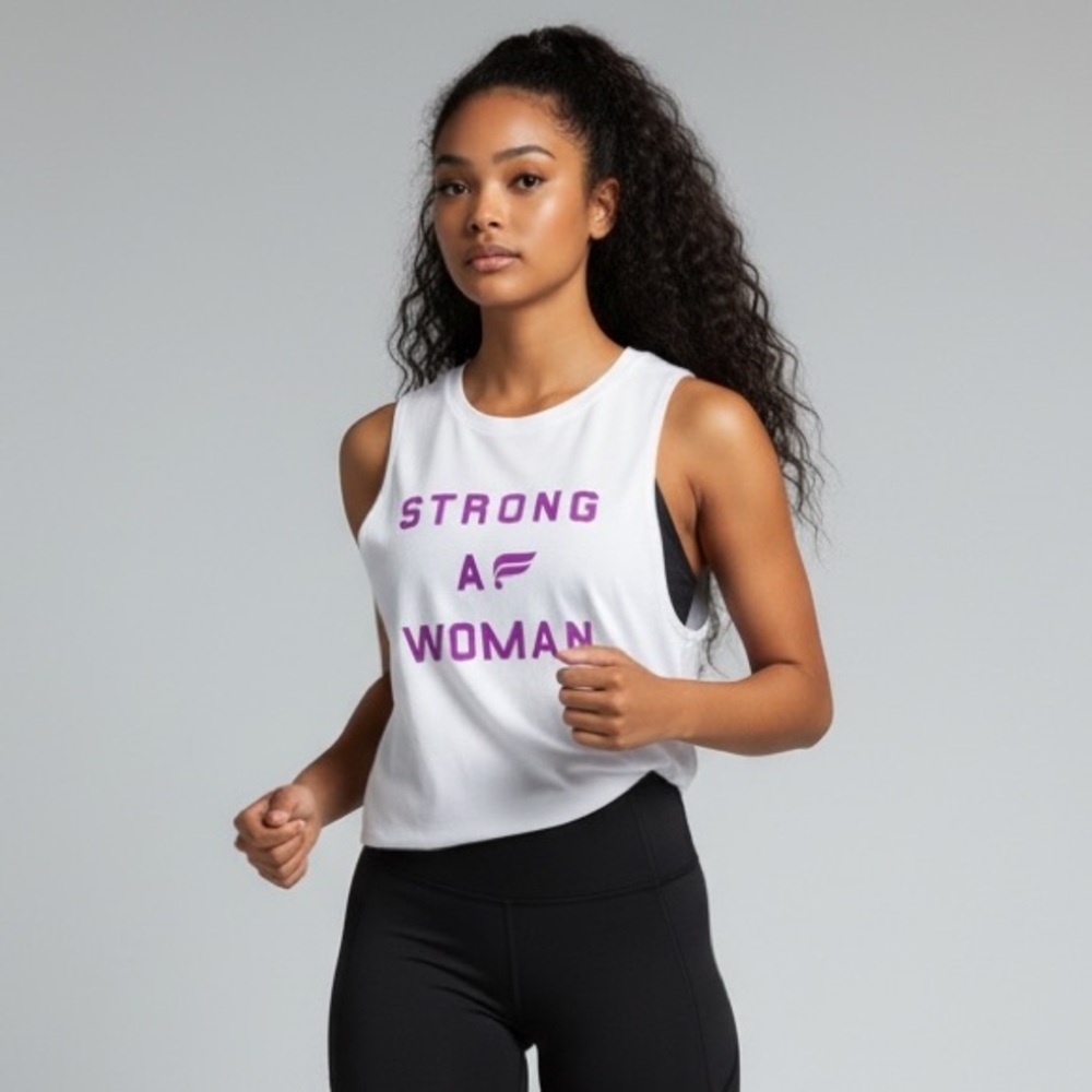 NWT Fabletics White Tank Top with Purple Graphic “STRONG AF WOMAN”